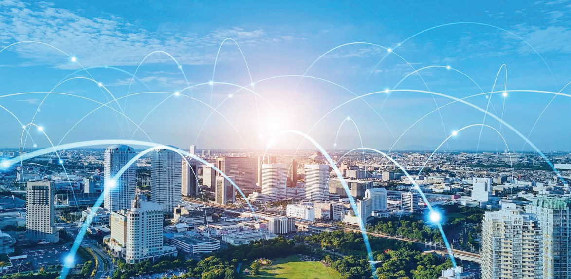 Vários prédios se conectando em uma rede digital
